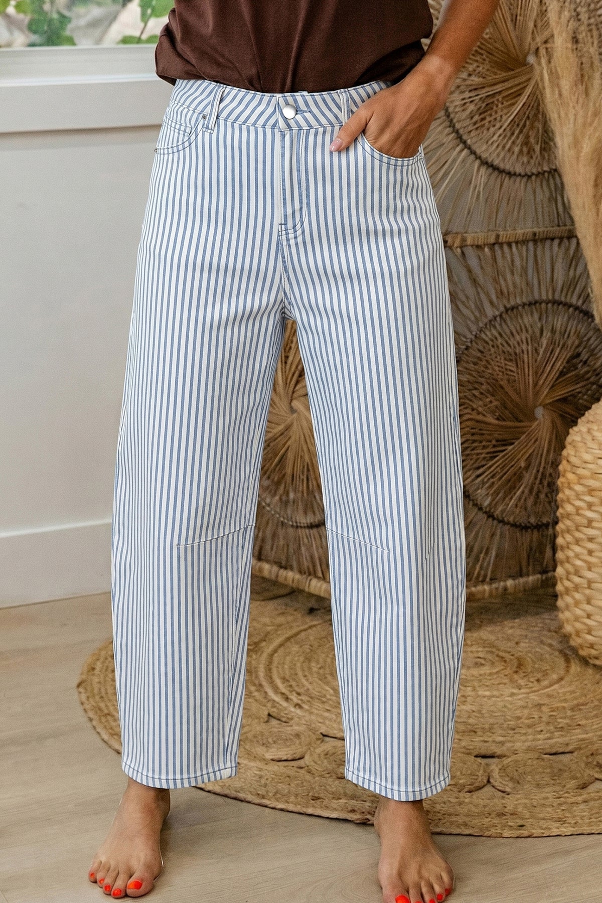 Blue & White Striped Barrel Jeans