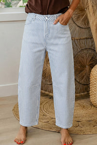 Blue & White Striped Barrel Jeans