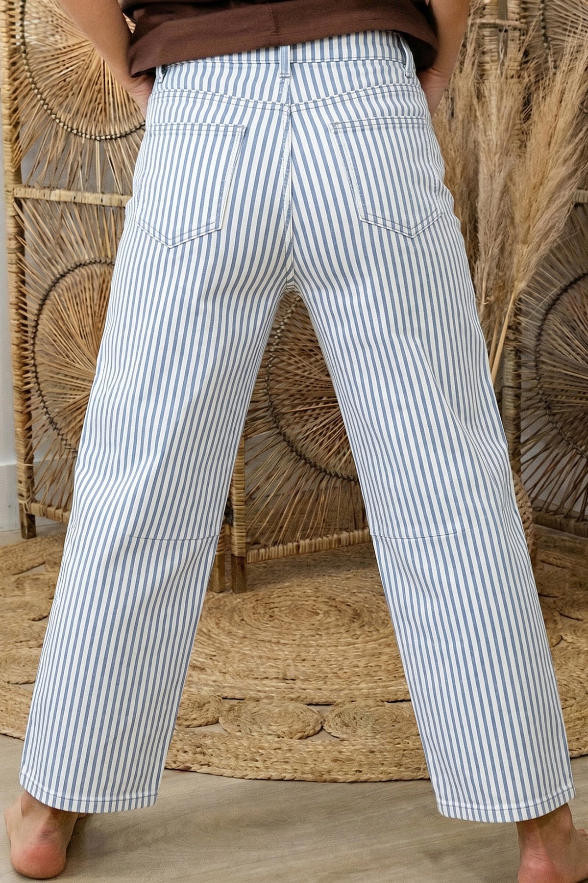 Blue & White Striped Barrel Jeans