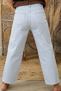 Blue & White Striped Barrel Jeans