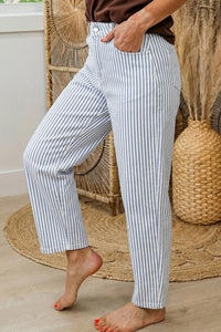 Blue & White Striped Barrel Jeans