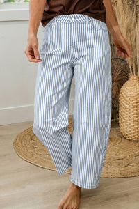 Blue & White Striped Barrel Jeans