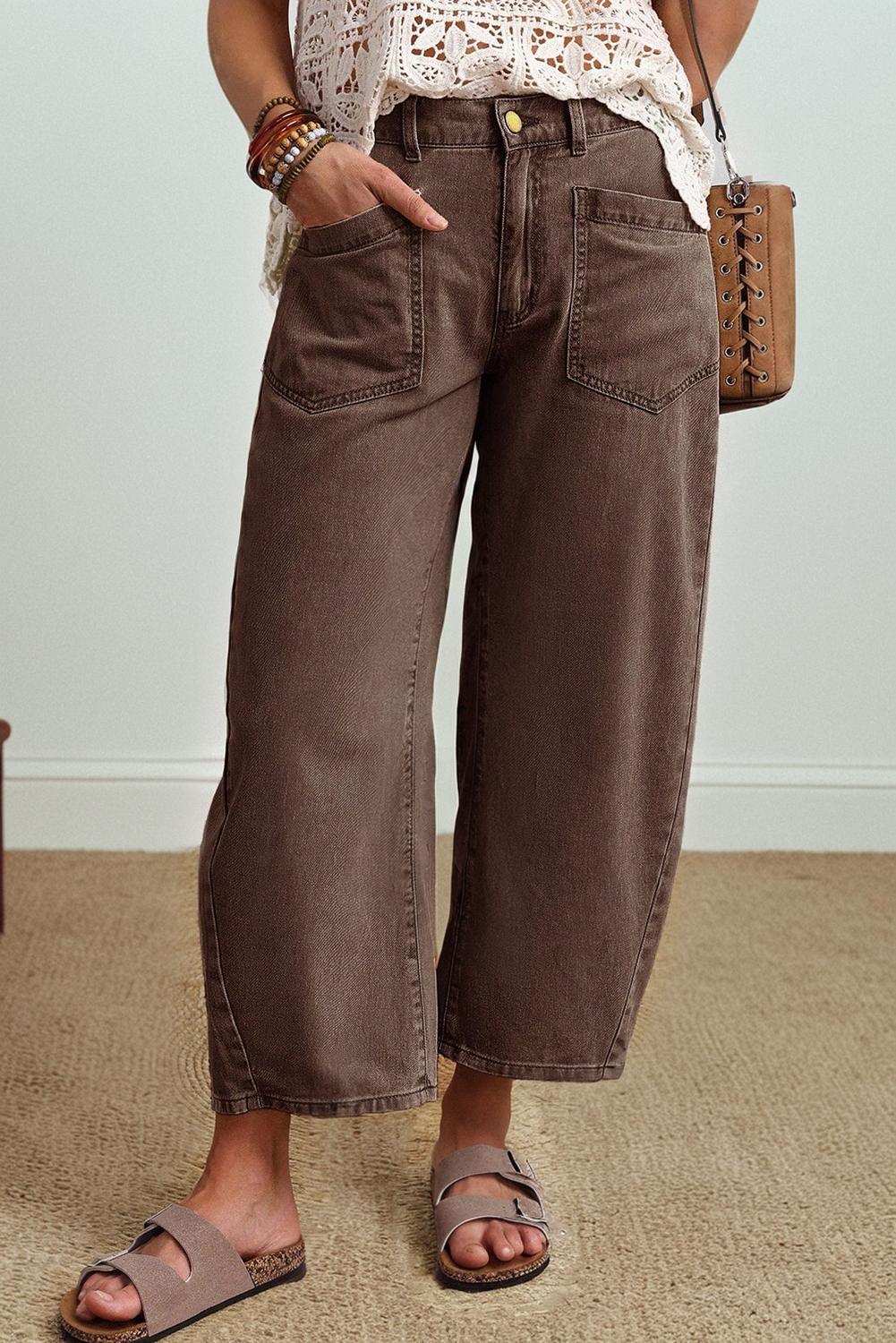 Midrise Relaxed Barrel (Coffee) w/Front Patch Pockets