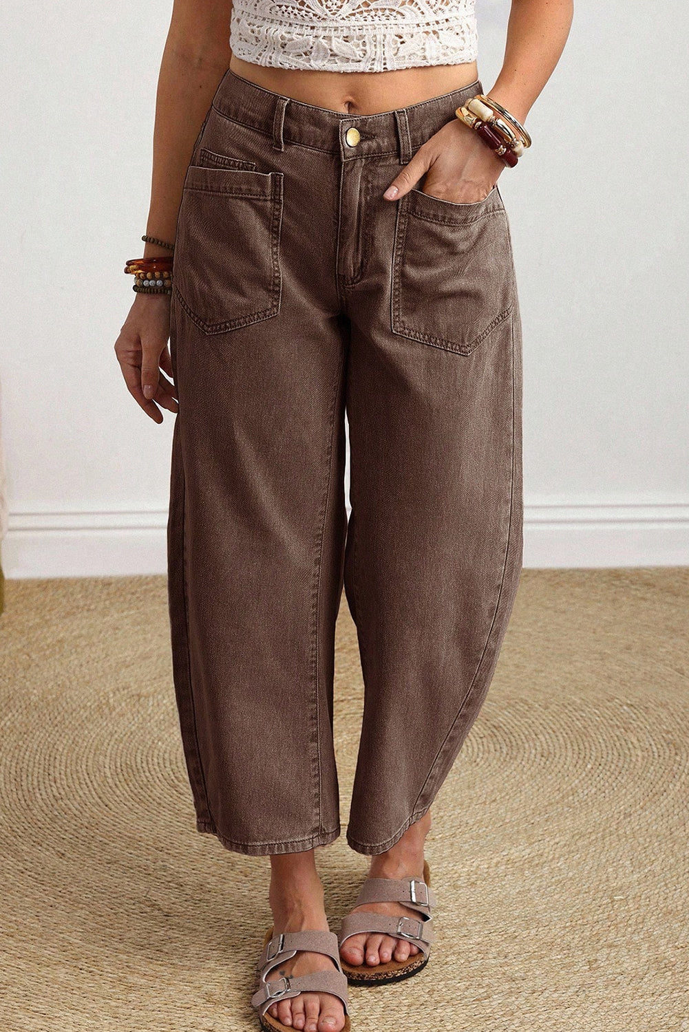 Midrise Relaxed Barrel (Coffee) w/Front Patch Pockets