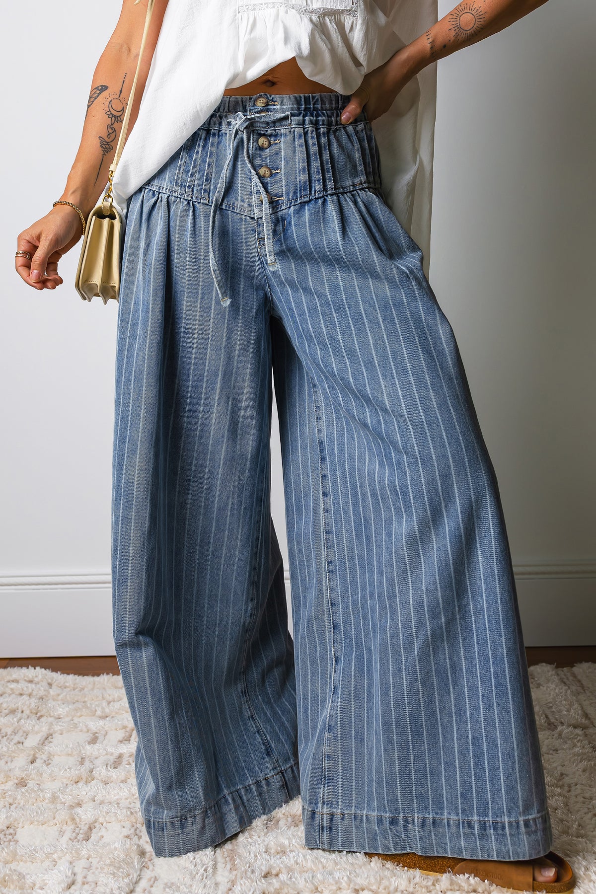 Janie Striped, Pleated Drawstring Waist Extra-Wide Leg Jeans