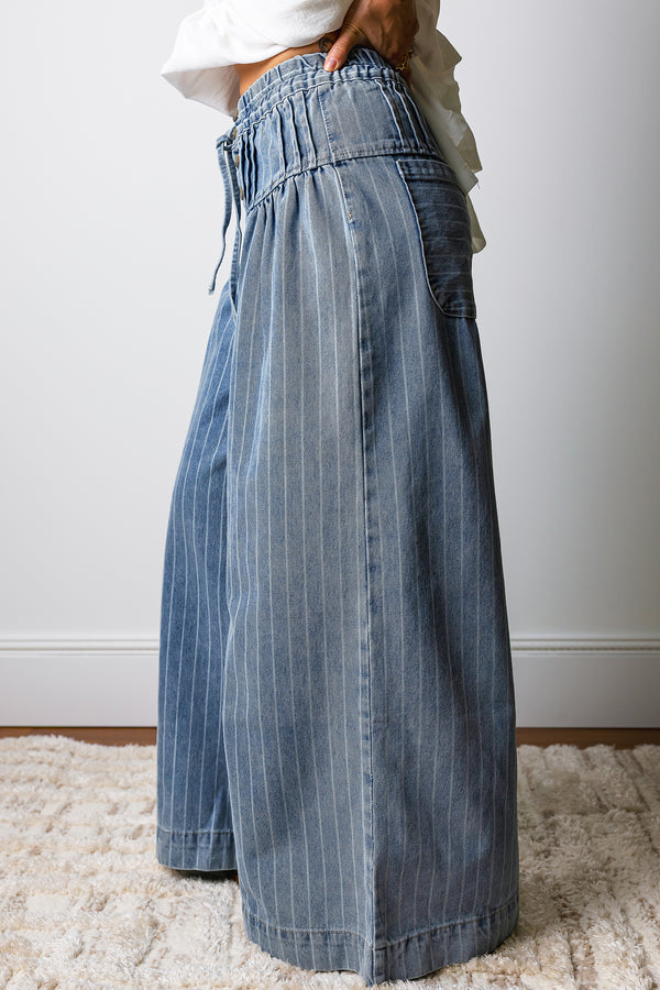 Janie Striped, Pleated Drawstring Waist Extra-Wide Leg Jeans