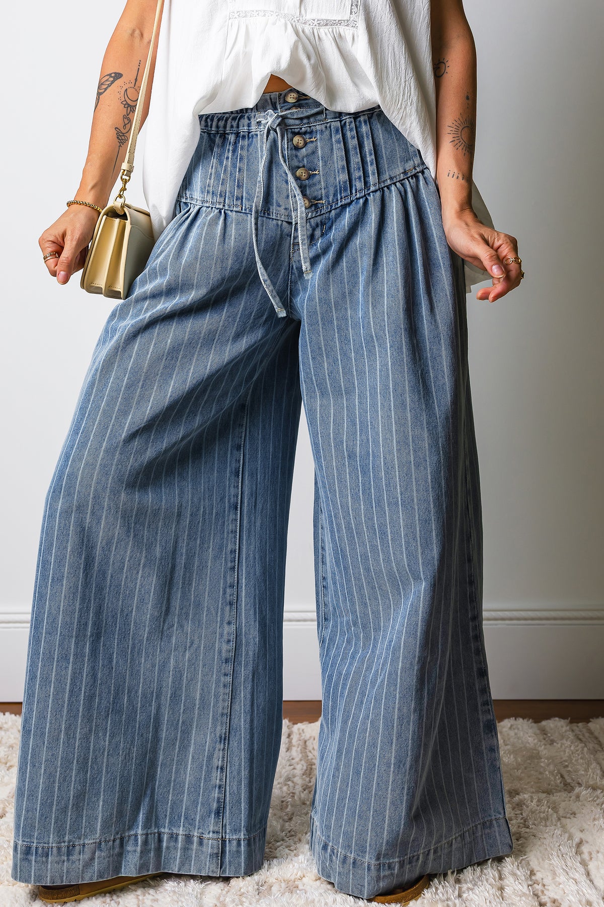 Janie Striped, Pleated Drawstring Waist Extra-Wide Leg Jeans