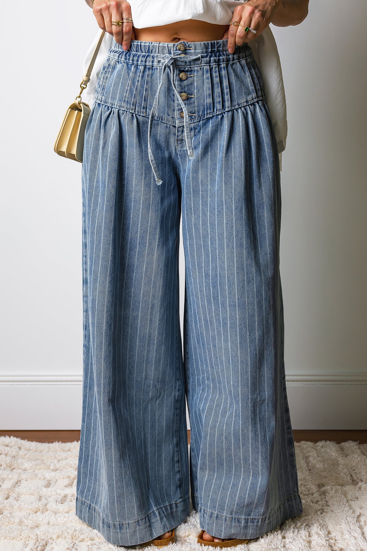Janie Striped, Pleated Drawstring Waist Extra-Wide Leg Jeans