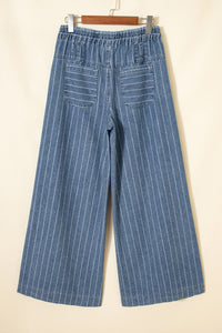 Janie Striped, Pleated Drawstring Waist Extra-Wide Leg Jeans