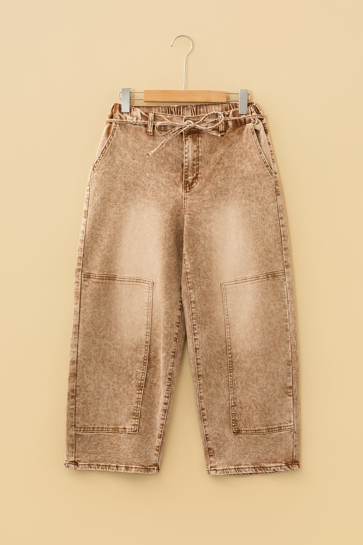 Chloe Acid Wash Brown Barrel Denim Pants with Drawstring