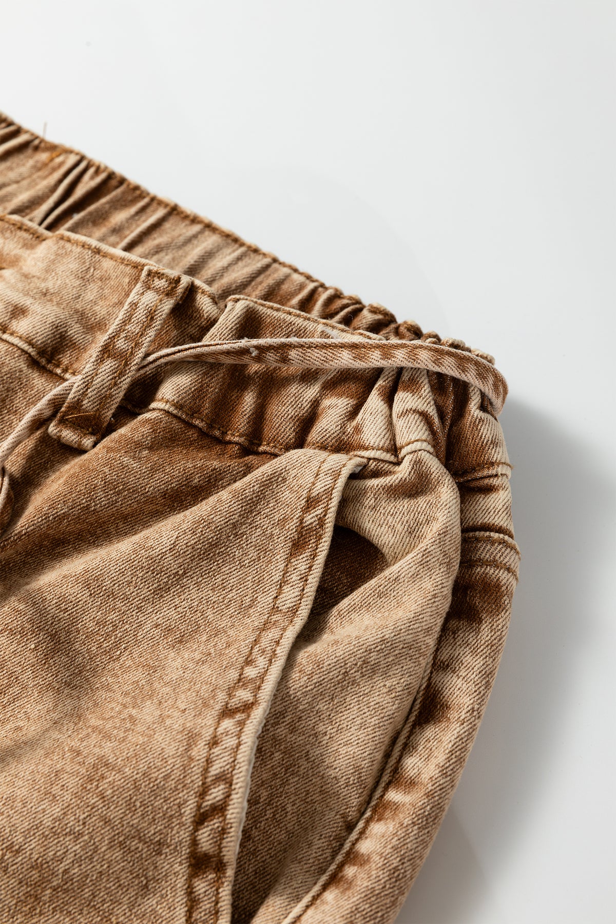 Chloe Acid Wash Brown Barrel Denim Pants with Drawstring