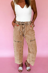 Chloe Acid Wash Brown Barrel Denim Pants with Drawstring