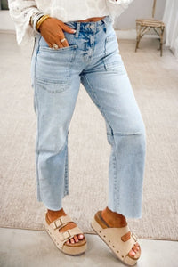 Light Blue Straight-Leg Frayed Cropped Jeans