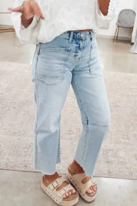 Light Blue Straight-Leg Frayed Cropped Jeans