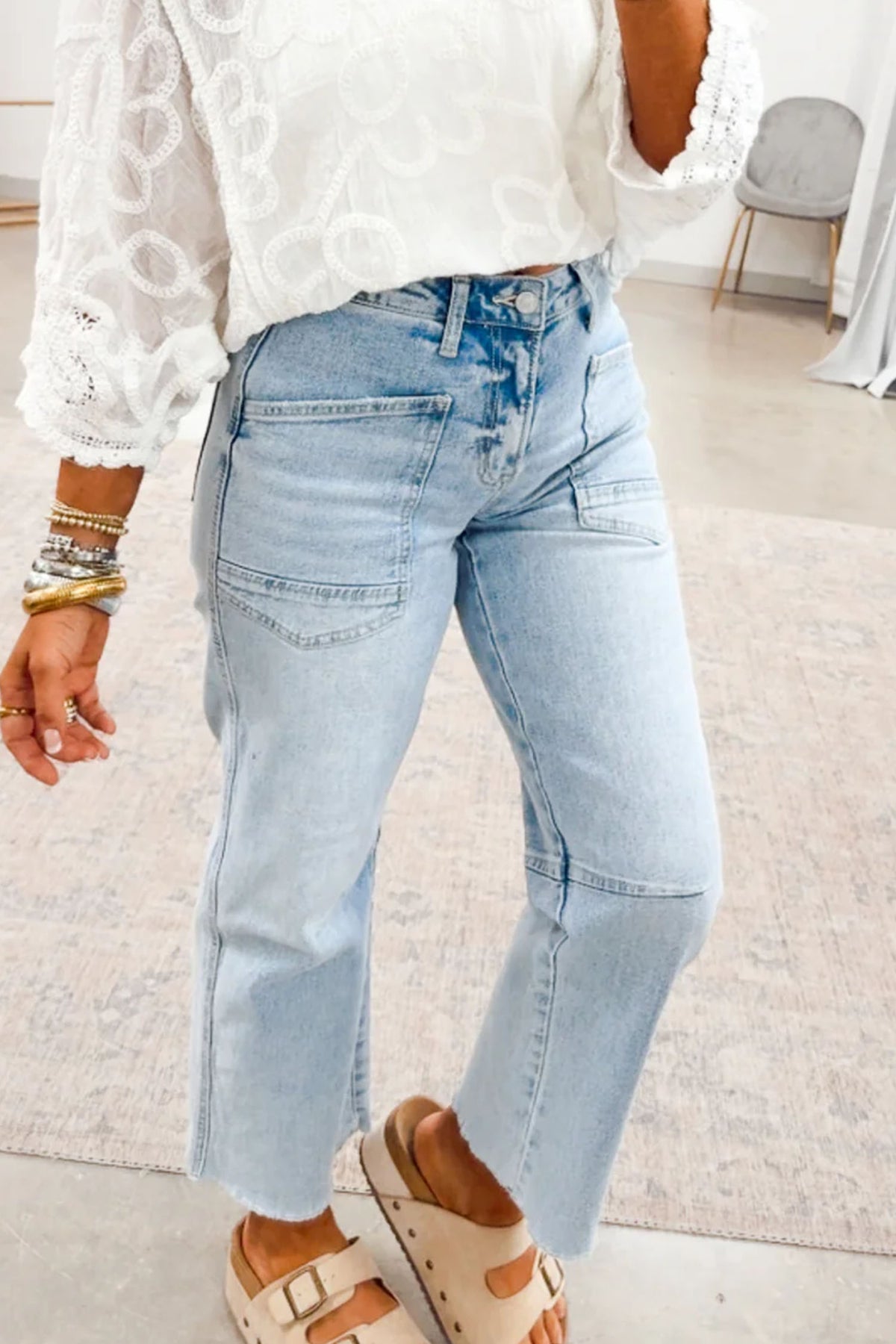 Light Blue Straight-Leg Frayed Cropped Jeans