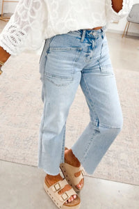 Light Blue Straight-Leg Frayed Cropped Jeans