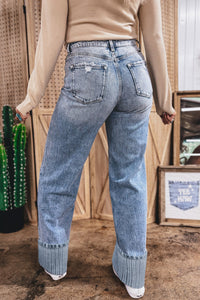 Vintage-Washed Straight Leg Loose-Fitting Distressed Jeans w/Striped Cuff