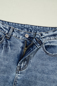 Vintage-Washed Straight Leg Loose-Fitting Distressed Jeans w/Striped Cuff
