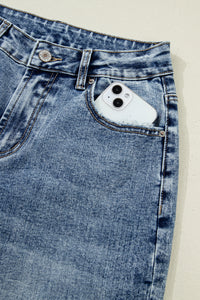 Vintage-Washed Straight Leg Loose-Fitting Distressed Jeans w/Striped Cuff