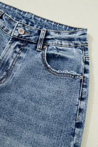 Vintage-Washed Straight Leg Loose-Fitting Distressed Jeans w/Striped Cuff