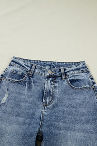 Vintage-Washed Straight Leg Loose-Fitting Distressed Jeans w/Striped Cuff