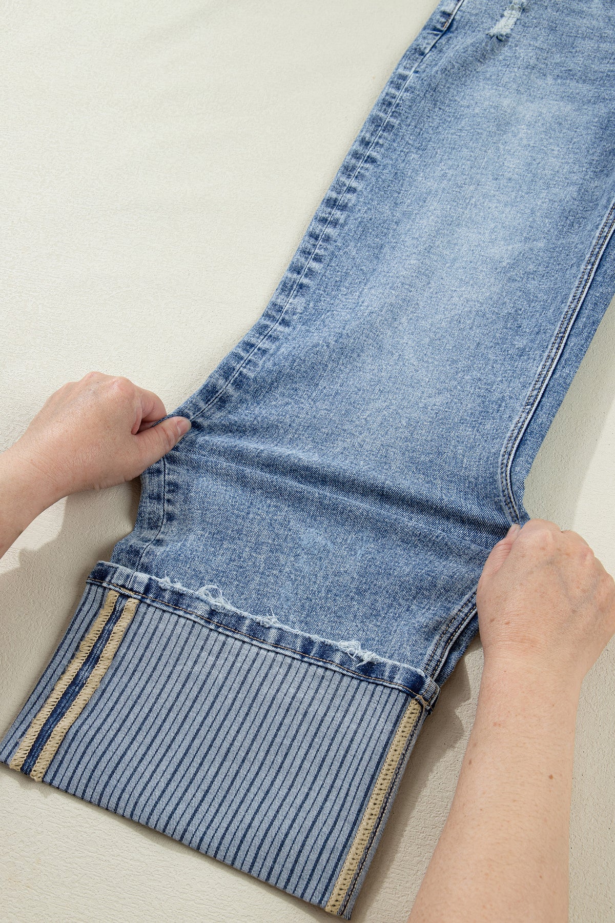Vintage-Washed Straight Leg Loose-Fitting Distressed Jeans w/Striped Cuff