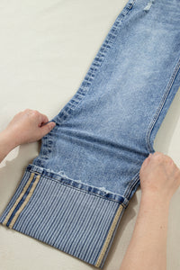 Vintage-Washed Straight Leg Loose-Fitting Distressed Jeans w/Striped Cuff