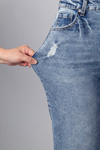 Vintage-Washed Straight Leg Loose-Fitting Distressed Jeans w/Striped Cuff