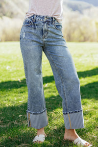 Vintage-Washed Straight Leg Loose-Fitting Distressed Jeans w/Striped Cuff
