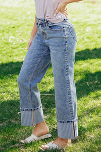 Vintage-Washed Straight Leg Loose-Fitting Distressed Jeans w/Striped Cuff