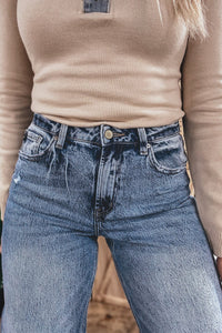 Vintage-Washed Straight Leg Loose-Fitting Distressed Jeans w/Striped Cuff