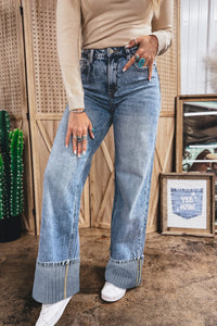 Vintage-Washed Straight Leg Loose-Fitting Distressed Jeans w/Striped Cuff