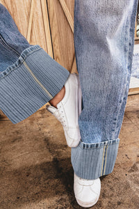Vintage-Washed Straight Leg Loose-Fitting Distressed Jeans w/Striped Cuff
