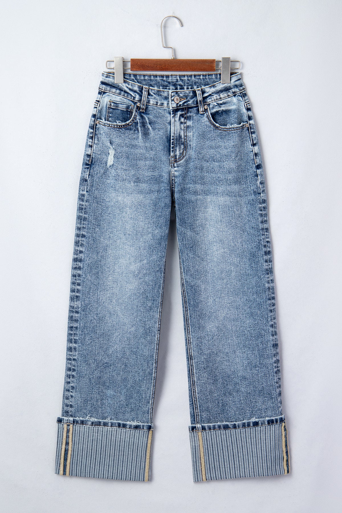 Vintage-Washed Straight Leg Loose-Fitting Distressed Jeans w/Striped Cuff