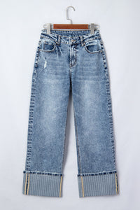 Vintage-Washed Straight Leg Loose-Fitting Distressed Jeans w/Striped Cuff