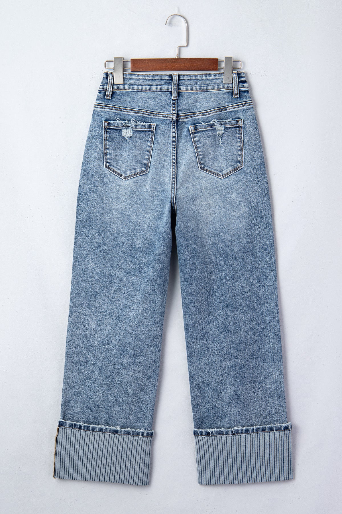Vintage-Washed Straight Leg Loose-Fitting Distressed Jeans w/Striped Cuff