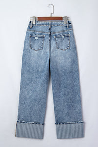 Vintage-Washed Straight Leg Loose-Fitting Distressed Jeans w/Striped Cuff