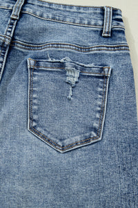 Vintage-Washed Straight Leg Loose-Fitting Distressed Jeans w/Striped Cuff