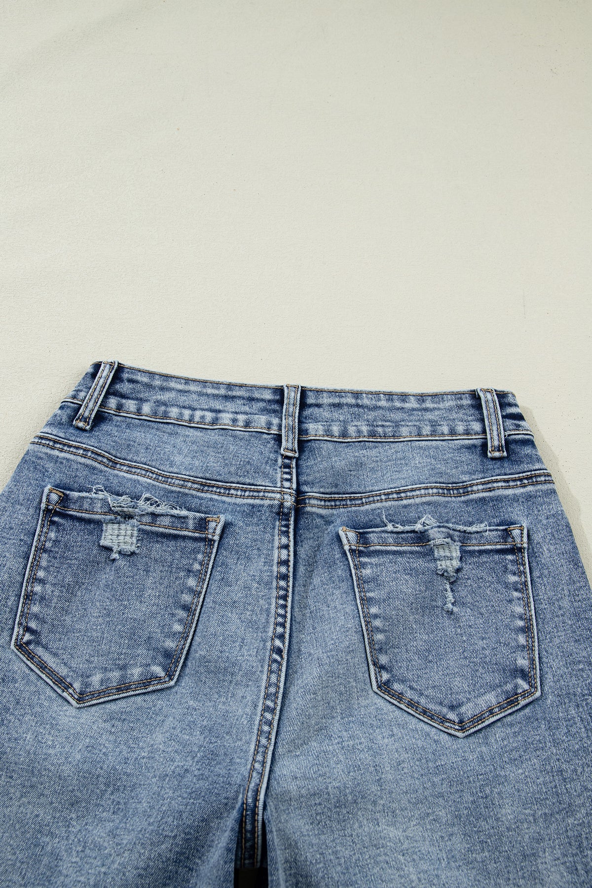 Vintage-Washed Straight Leg Loose-Fitting Distressed Jeans w/Striped Cuff