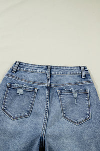 Vintage-Washed Straight Leg Loose-Fitting Distressed Jeans w/Striped Cuff