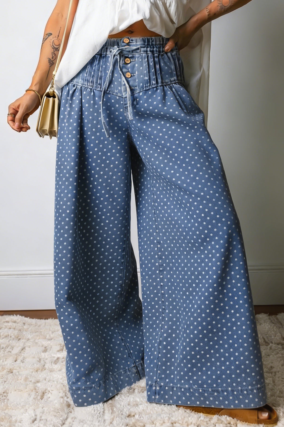 Patricia Polka Dot, Pleated Drawstring Waist Extra-Wide-Leg Jeans