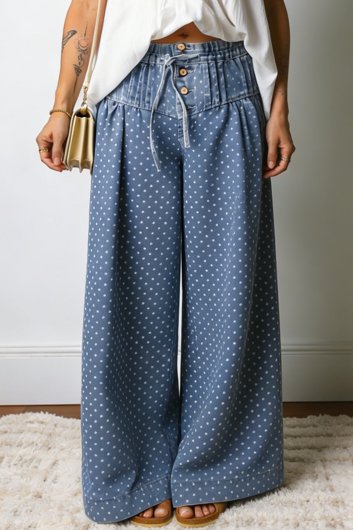 Patricia Polka Dot, Pleated Drawstring Waist Extra-Wide-Leg Jeans