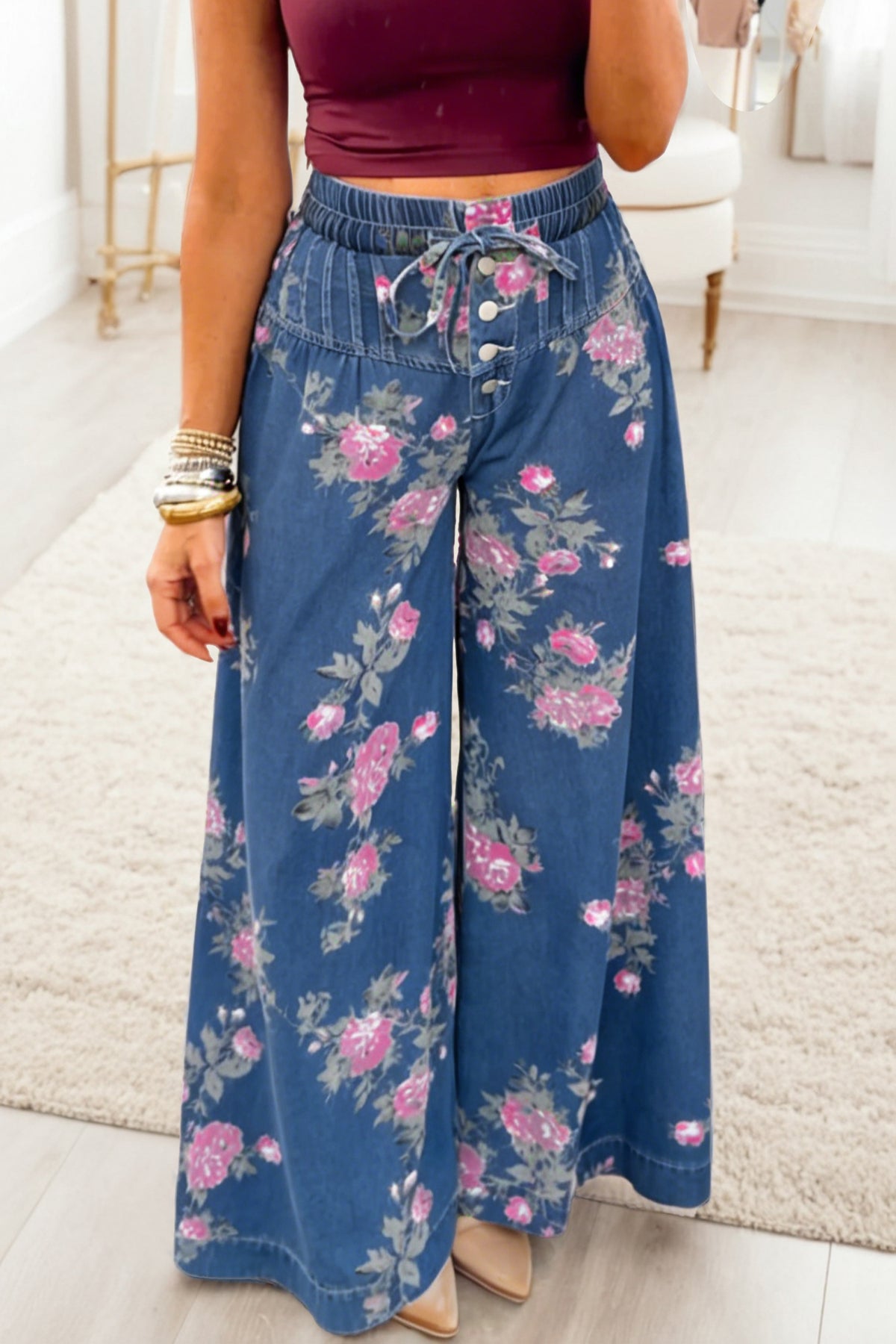 Felicity Floral, Pleated Drawstring Waist Extra-Wide-Leg Jeans