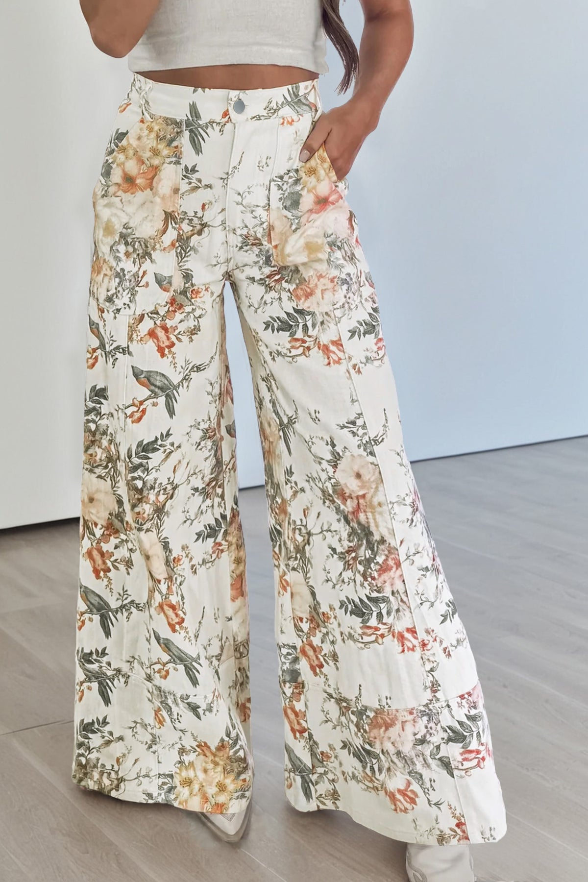 Autumn Floral & Birds High Waist, Wide Leg Jeans w/Partial Elastic Waistband