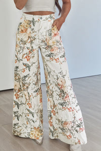 Autumn Floral & Birds High Waist, Wide Leg Jeans w/Partial Elastic Waistband