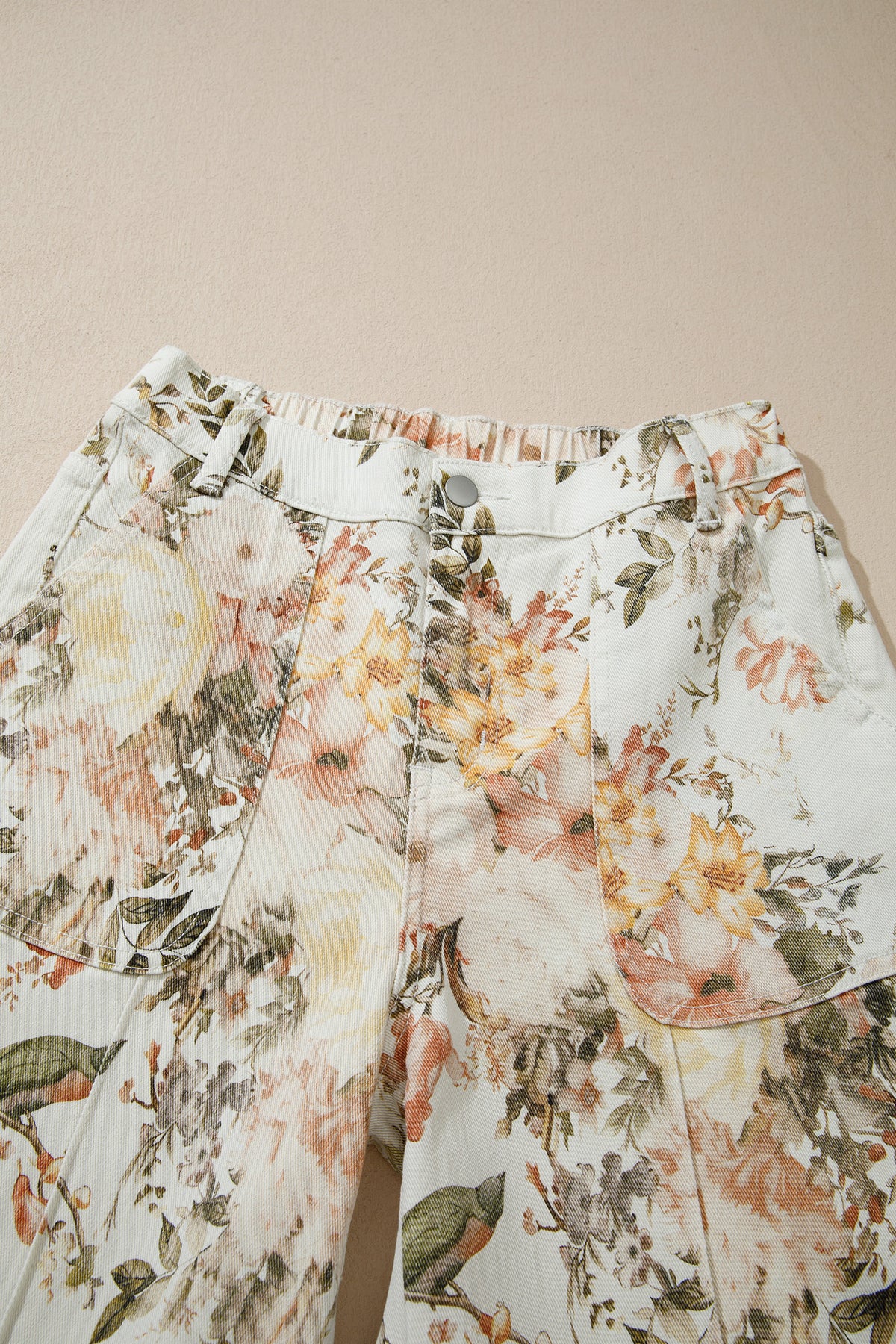 Autumn Floral & Birds High Waist, Wide Leg Jeans w/Partial Elastic Waistband