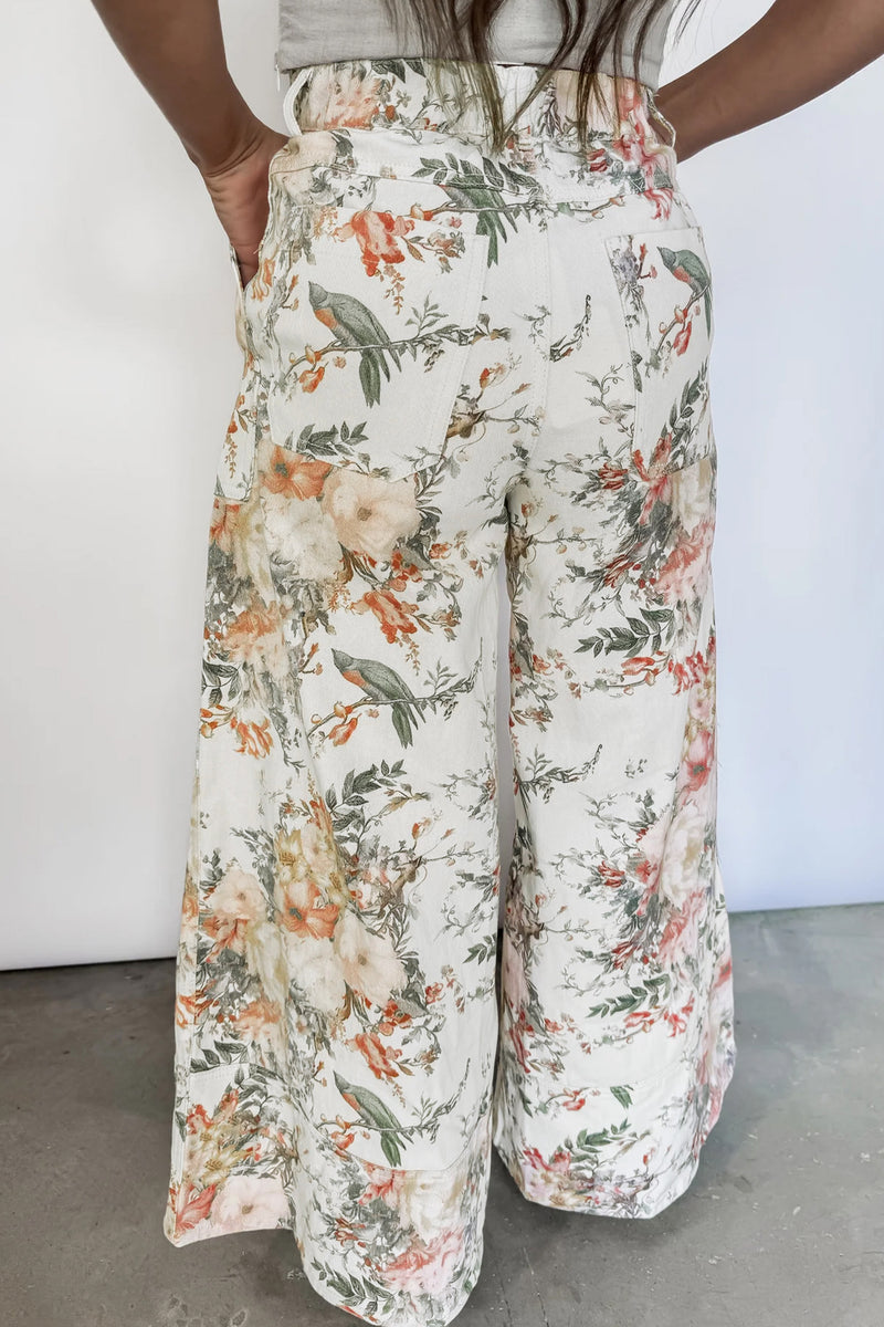 Autumn Floral & Birds High Waist, Wide Leg Jeans w/Partial Elastic Waistband