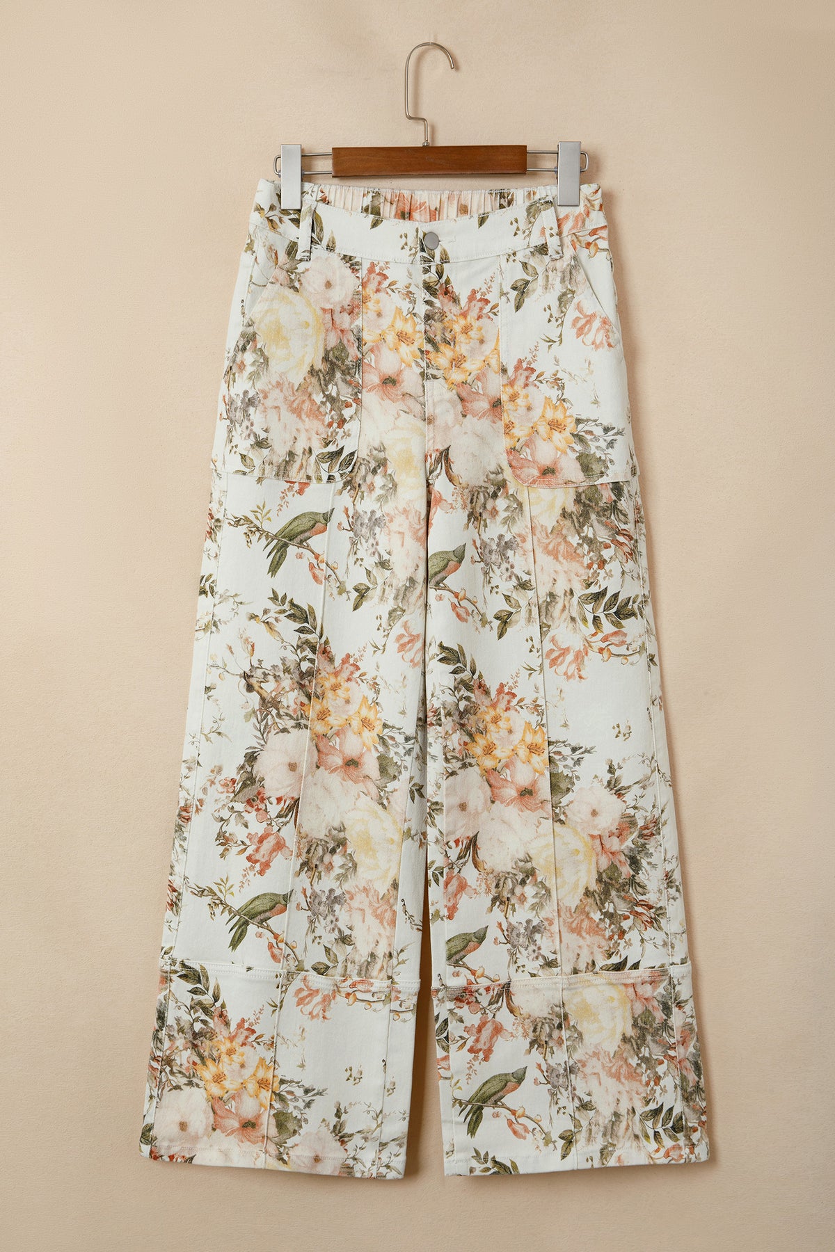 Autumn Floral & Birds High Waist, Wide Leg Jeans w/Partial Elastic Waistband