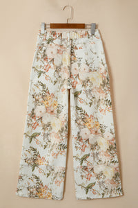 Autumn Floral & Birds High Waist, Wide Leg Jeans w/Partial Elastic Waistband