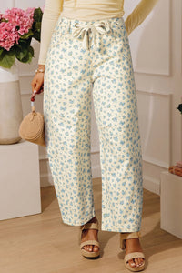 Ivory Barrel Jeans w/Blue Floral Print & Grommet Drawstring